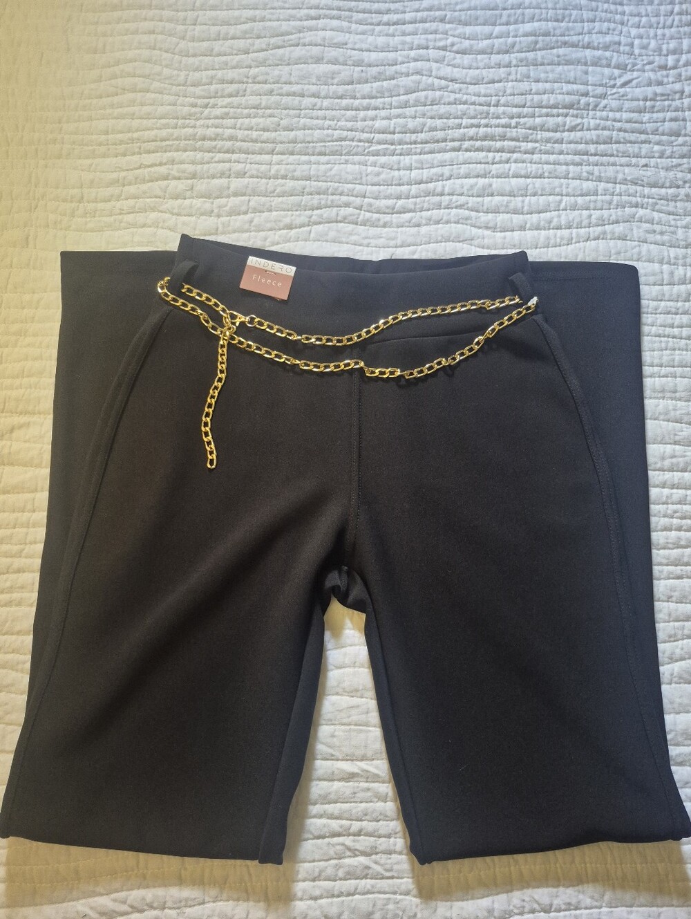 Black Boot-Cut Flare Pants with Gold Chain Accent